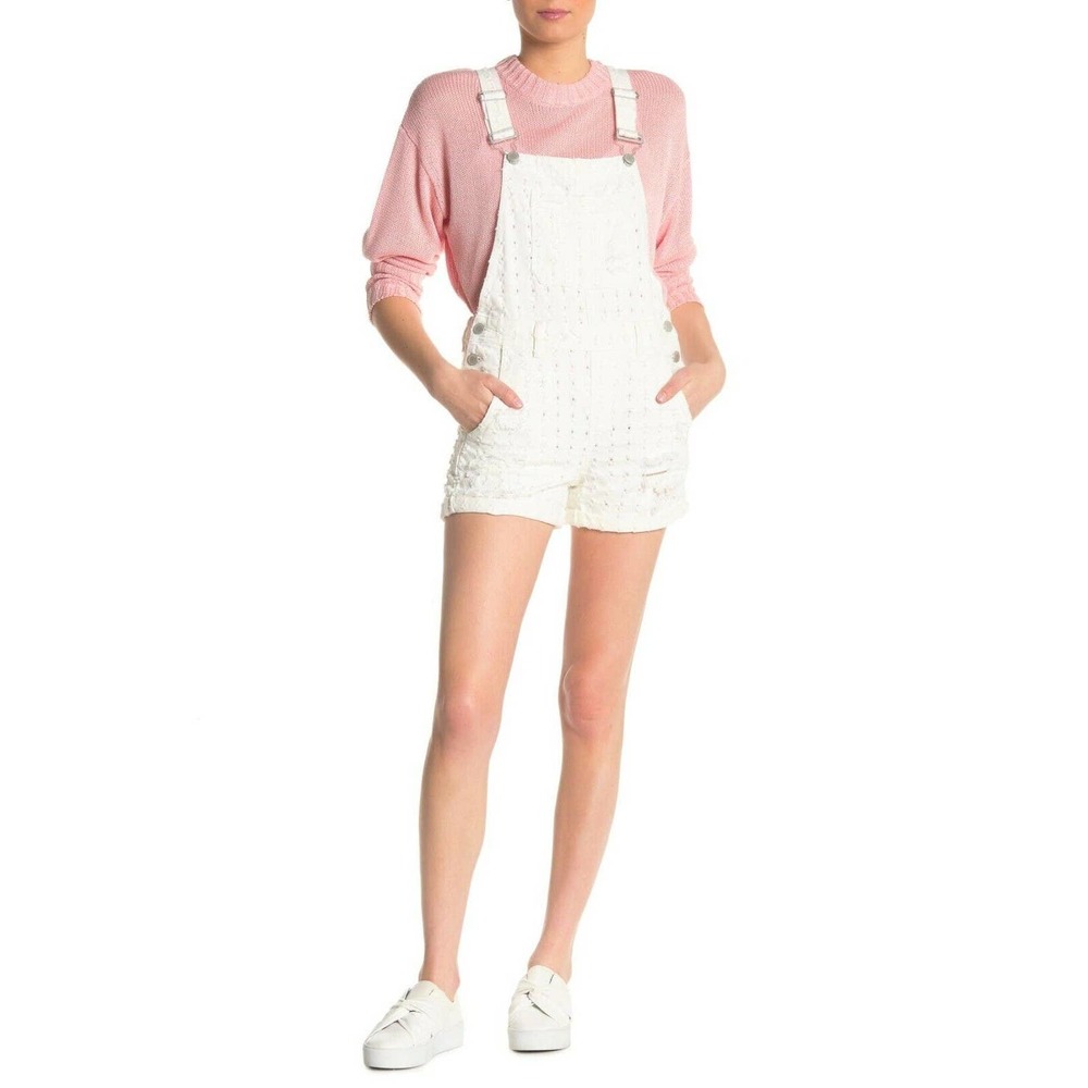 BlankNYC Overall Shortalls 26 White Eyes On You Perforated Distressed Denim